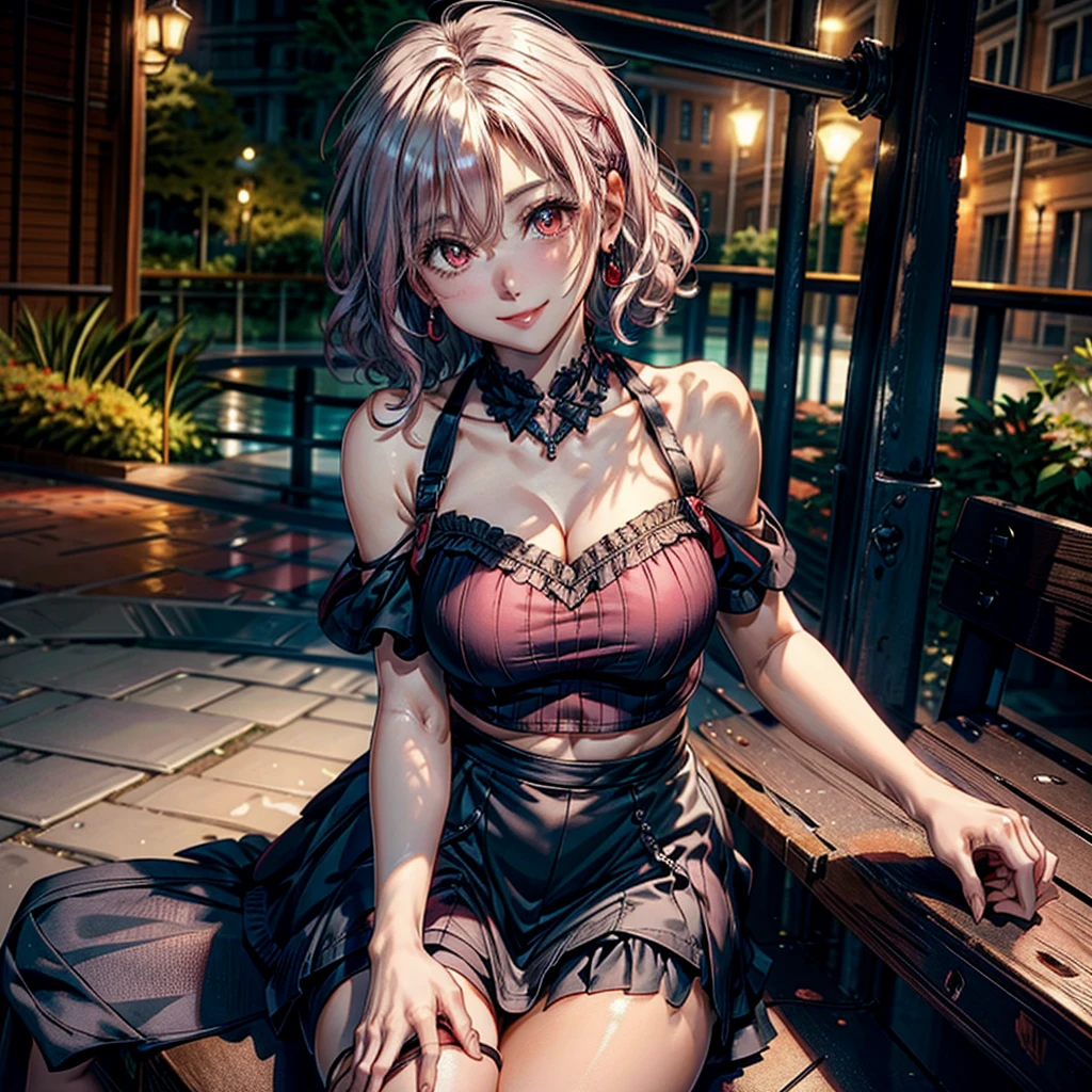 women, short curly white hair, Red eyes, short black skirt, light pink off shoulder blouse, Whole body, chest a little big, flirtatious smile, Broad smile, Curly hair, sitting on a park bench.