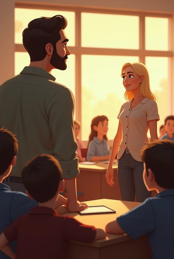 3 single father, with an expression of admiration, watching the 2 blonde teacher who teaches her son at school, as she smiles at the class. PICTURE REALISTIC.