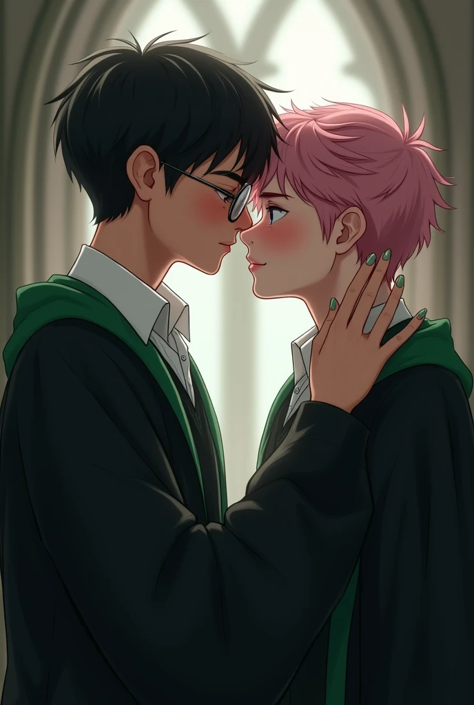 Young black haired Asian male, short, with glasses, blue eyes, thin features, with the Slytherin uniform black and green robe, White shirt tenderly kisses the forehead of a short, wavy pink-haired, violet-eyed young man in a Slytherin uniform with a black and green robe and white shirt, clearing his forehead with his hand