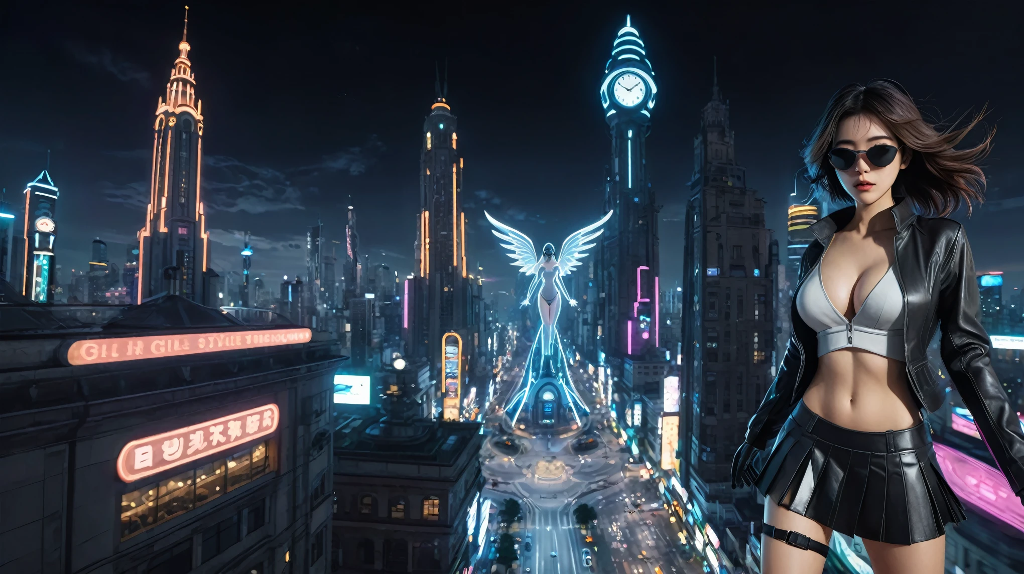 (Wide angle aerial view). At night, simple outlined cyberpunk city, flying cars, glowing ghost-like giant clock tower, iconic angel stone statue, lightning, line art background. At night, (1girl, solo, alone), photorealistic, large-breast slim:0.6 body, oval:0.5 face, cleavage:1.1, very low angle view of pleated miniskirt, deep-v, (upskirt), glove, (Matrix style black micro sunglasses), (aiming viewer with a short gun), dynamic running pose, (half-body thigh level close-up shot), cinematic lighting, ray tracing, motion blur background.
