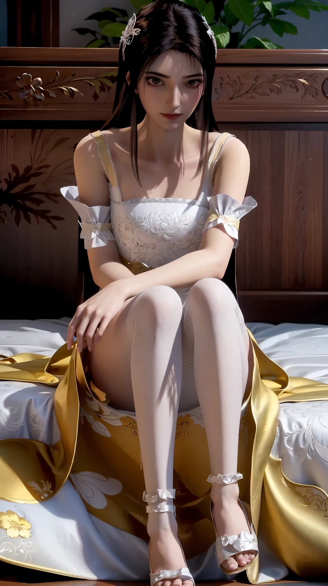 A beautiful young woman,Wearing pajamas,Lying on the bed,barefoot,Wearing a dress,Lie flat on your bed,Cross-legged,Full body shot,(Best picture quality,4K,8k,high-definition,excellent work:1.2),Ultra Detail,Delicate eyes,Delicate lips,Extremely detailed face and eyes,Long eyelashes,Natural light,Warm colors,Soft Focus,Chiaroscuro,Deep scene