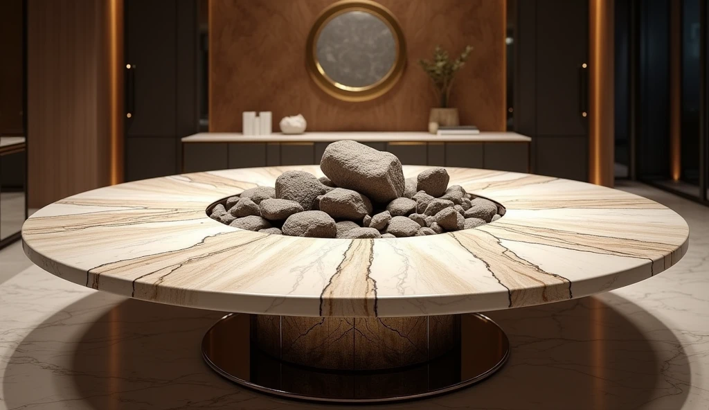 Draw a round dining table，Accommodates 30 people，There is a rockery in the middle of the dining table，Marble material，Metal Material，High-end，Royal dining table，Close-up details，High-end atmosphere，8k，Large wide angle，Vary rendering