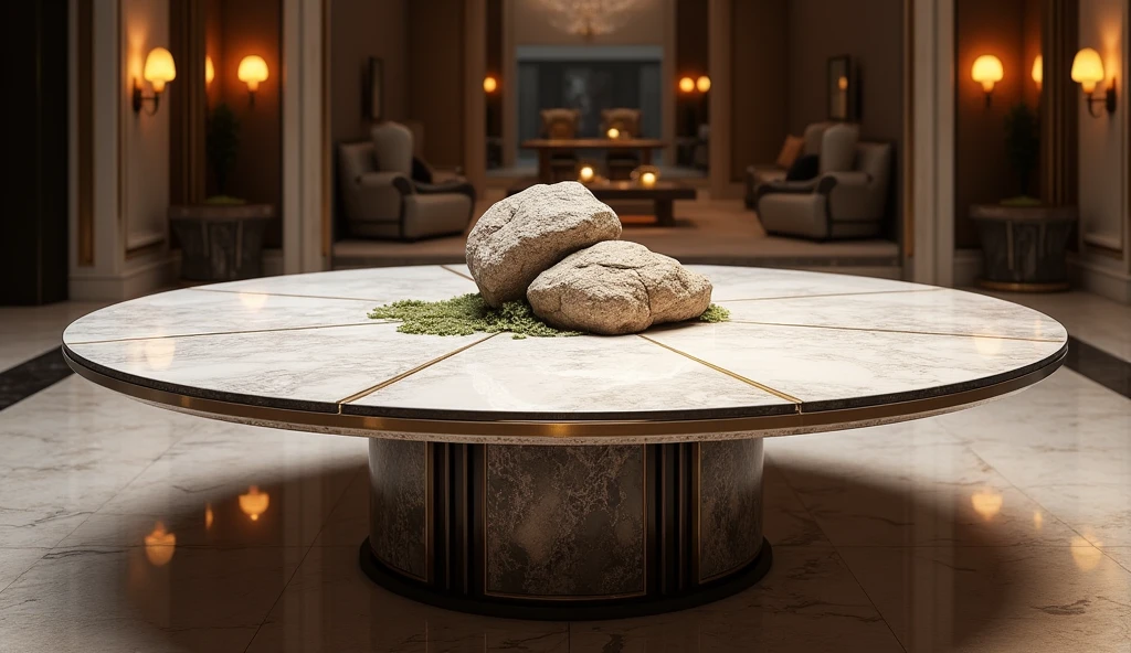 Draw a round dining table,Accommodates 30 people,There is a rockery in the middle of the dining table,Marble material,Metal Material,High-end,Royal dining table,Close-up details,High-end atmosphere,8k,Large wide angle,Vary rendering