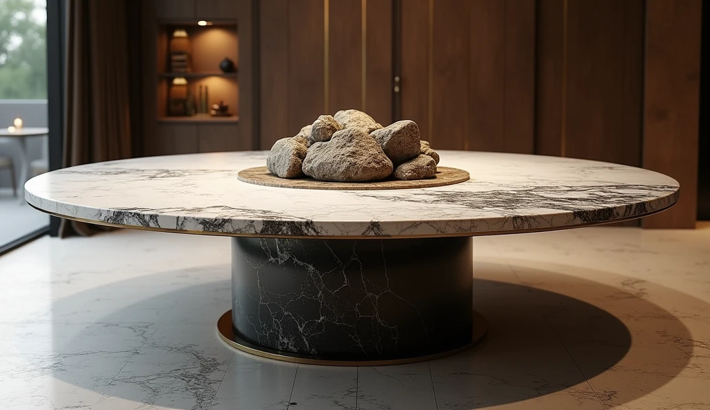 Draw a round dining table,Accommodates 30 people,There is a rockery in the middle of the dining table,Marble material,Metal Material,High-end,Royal dining table,Close-up details,High-end atmosphere,8k,Large wide angle,Vary rendering