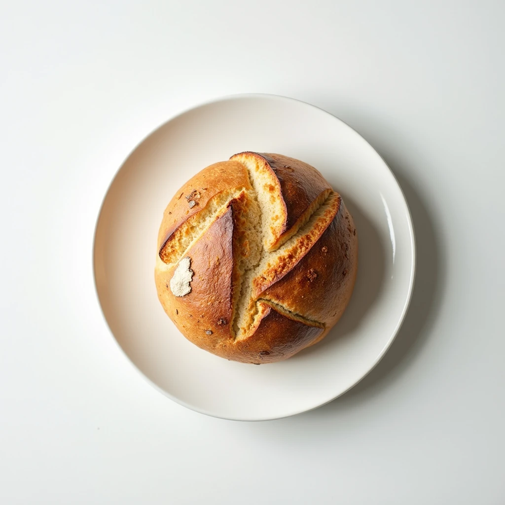 "Top-down angle focusing on a patternless white plate with a neatly arranged large bread on a patternless white table."