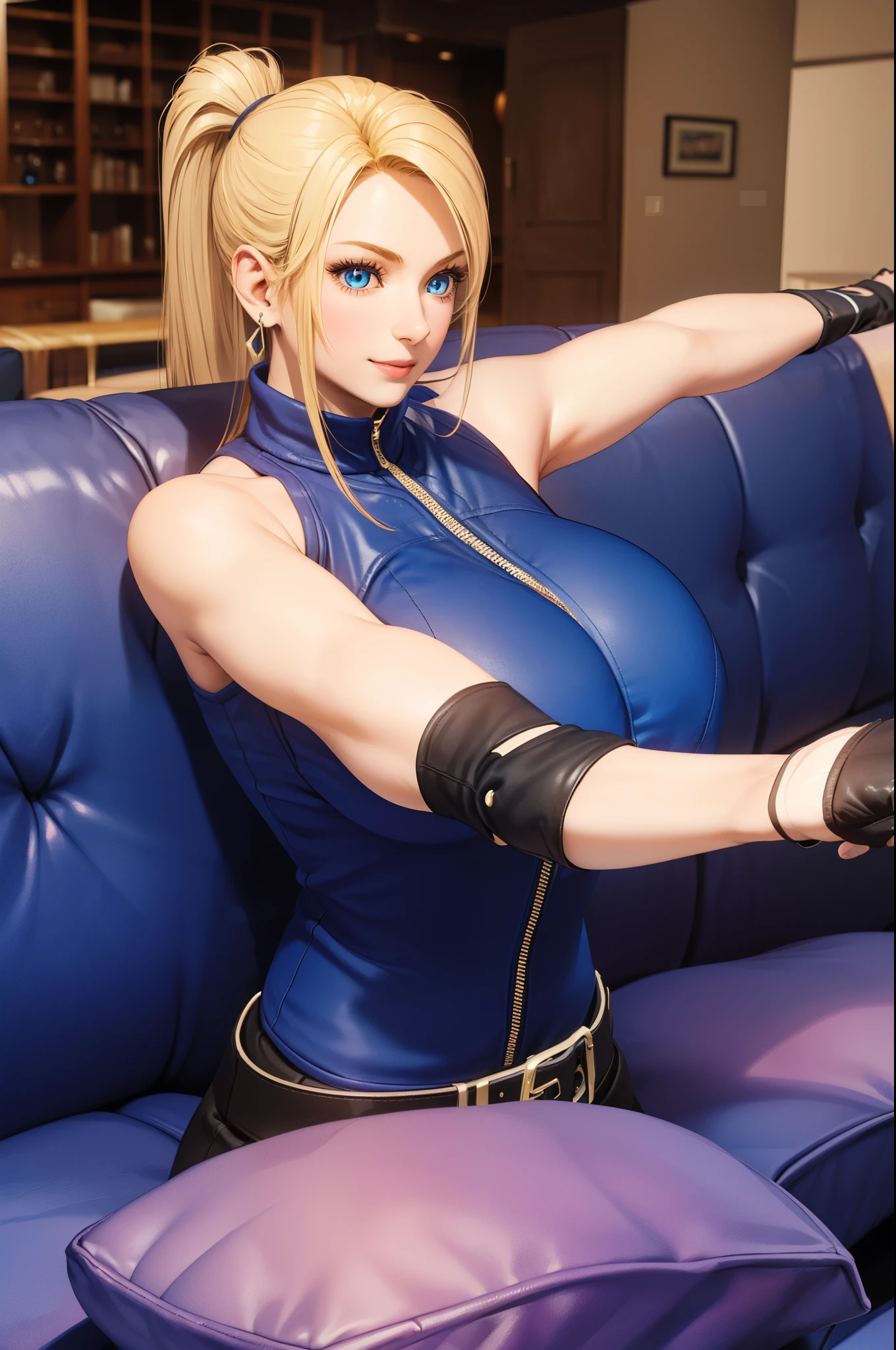 Sarah, blue eyes, Very long hair, (Lying on the sofa:1.7), (Glowing skin:1.2), (Thin Girl:1.5), Blonde Hair, Lean Back, ((Arms outstretched on the sofa:1.7)), High Ponytail, Flowing hair, Tights, Show your shoulders, (Show your arms:1.3), (Huge breasts:1.3), (Breast push up:0.4), (Curvy body:0.7), (locker room), (tight blue Tights:1.1), belt ,(sleeveless:1.6), zipper, boots, High heel, earrings, (Short fingerless gloves:1.4), BREAKMasterpiece, 1 girl, RAW photos, (best quality:1.2), Extremely exquisite and beautiful, Very detailed, 2k wallpapers, Astonishing, Fine details, Extremely detailed CG unity 8k wallpaper, Very detailed, high resolution, (Beautiful and delicate girl:1.2), Perfect anatomical structure, (Shiny clothes:0.6), (Big smile:1.2), (Upper Body:1.4), (Practical, Reality:1.0), (Thin nose:1.2), (Breast Focus:1.3), High nose bridge, (Blue clothes:1.2)，Huge breasts，Cleavage，Low-cut
