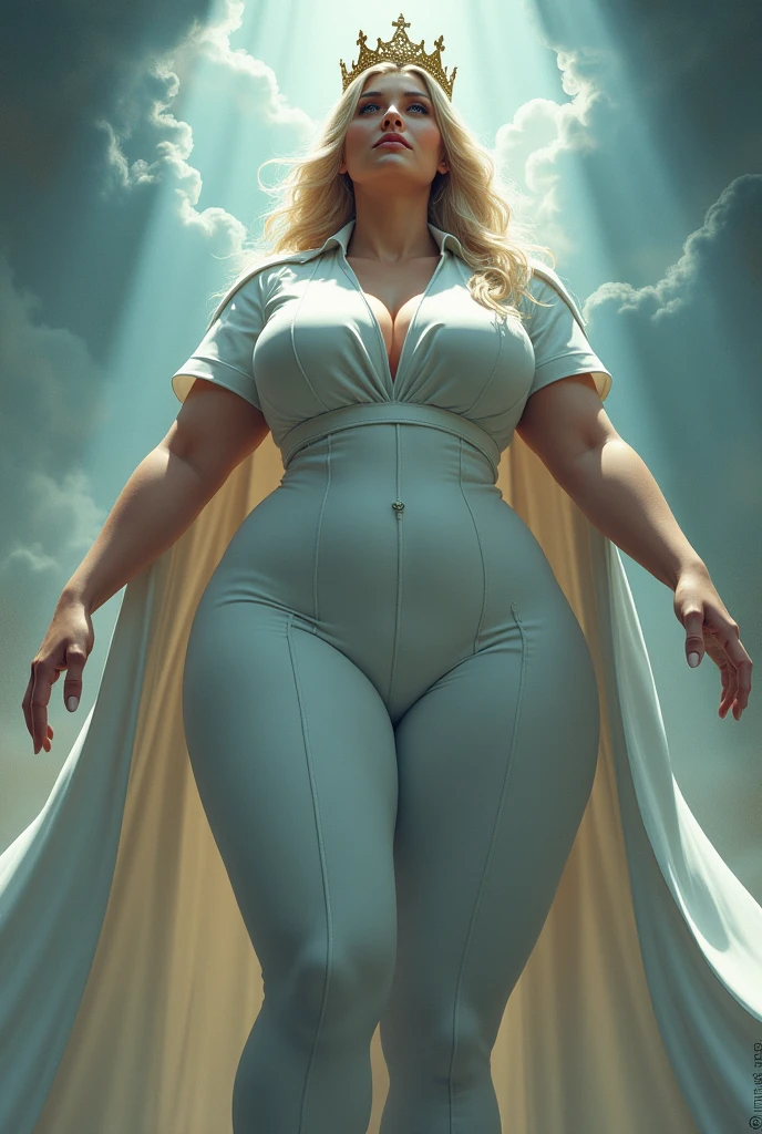 Nurse with giant breasts wearing a cape and crown