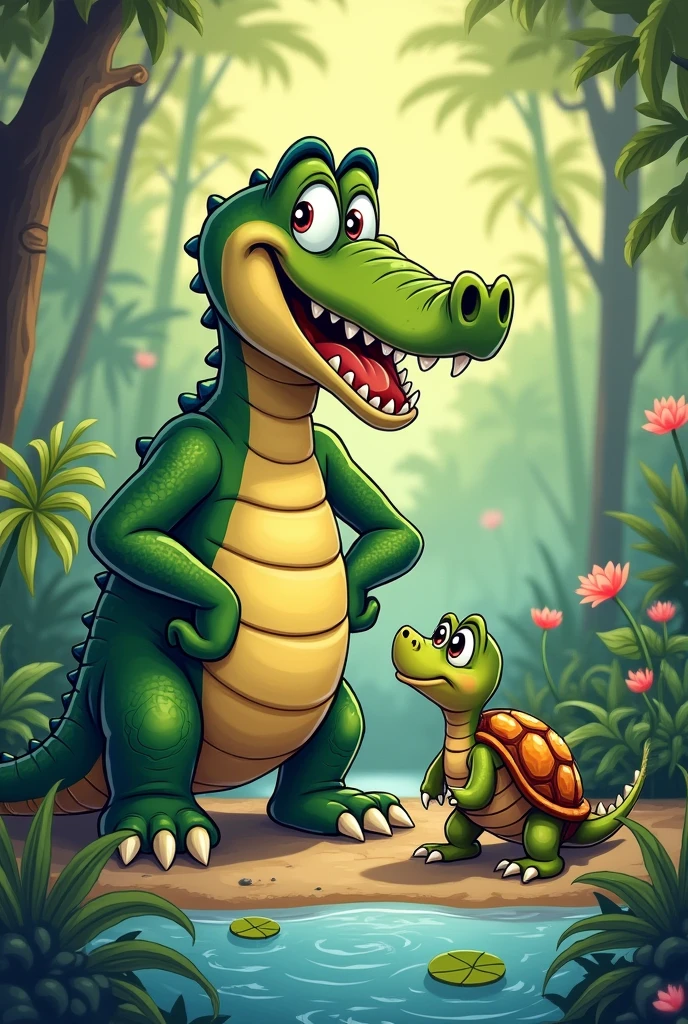 A big crocodile laughs and talks to a small turtle 2d cartoon