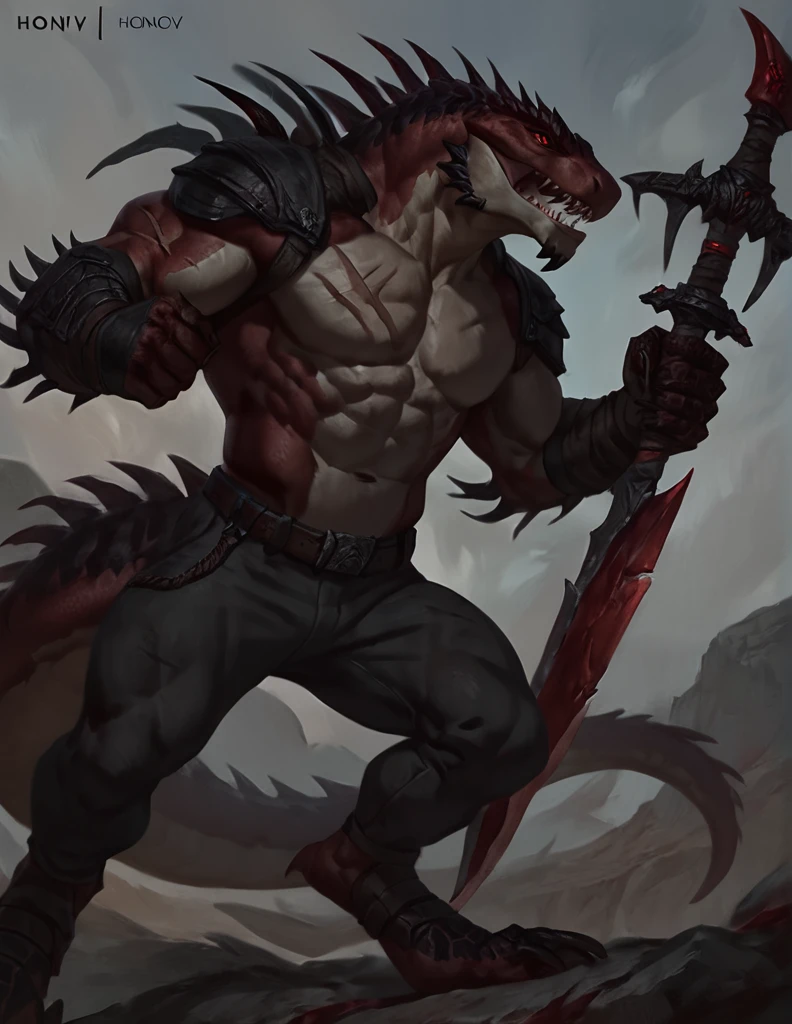 a ferocious male lizardfolk, anthro Glavenus, athletic, mercenary, pants, solo, scaly detailed body, full body, scars on body, crimson red and black color body, red eyes, giant blade tail, comicbook style, best quality, 4k, ultra-detailed, by laobai, by taran fiddler, by honovy