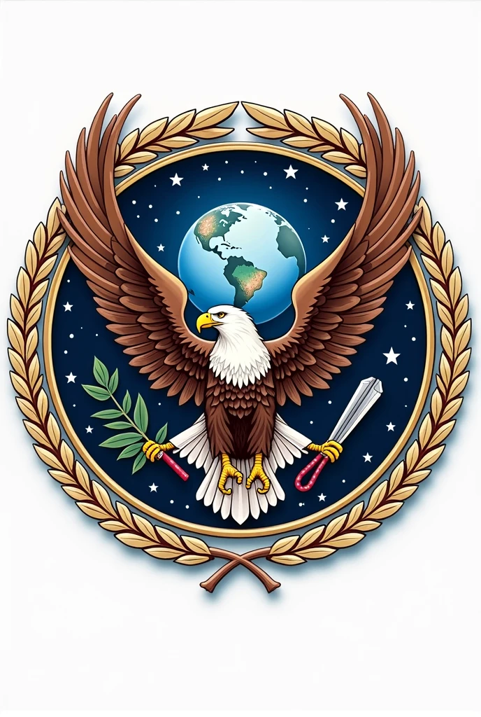 A neoclassical style emblem/Crest design. Containg aspects of both air force and space force and. Like Globe, orbit, eagle, wreath etc. Military Insignia vector illustration.It should incorporate elements of both air and space warfare. Using a classic yet modern theme