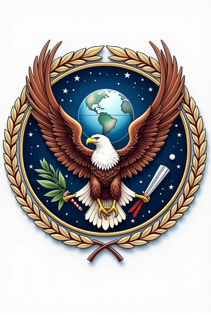 A neoclassical style emblem/Crest design. Containg aspects of both air force and space force and. Like Globe, orbit, eagle, wreath etc. Military Insignia vector illustration.It should incorporate elements of both air and space warfare. Using a classic yet modern theme