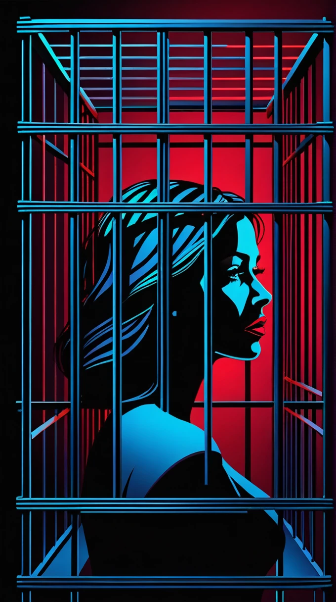 A woman, trapped in a mental cage with bars made of words like 'laziness,' 'excuses,' and 'fear,' dark theme manipulation, dark red, black, dark blue, neon colors, dark lighting."