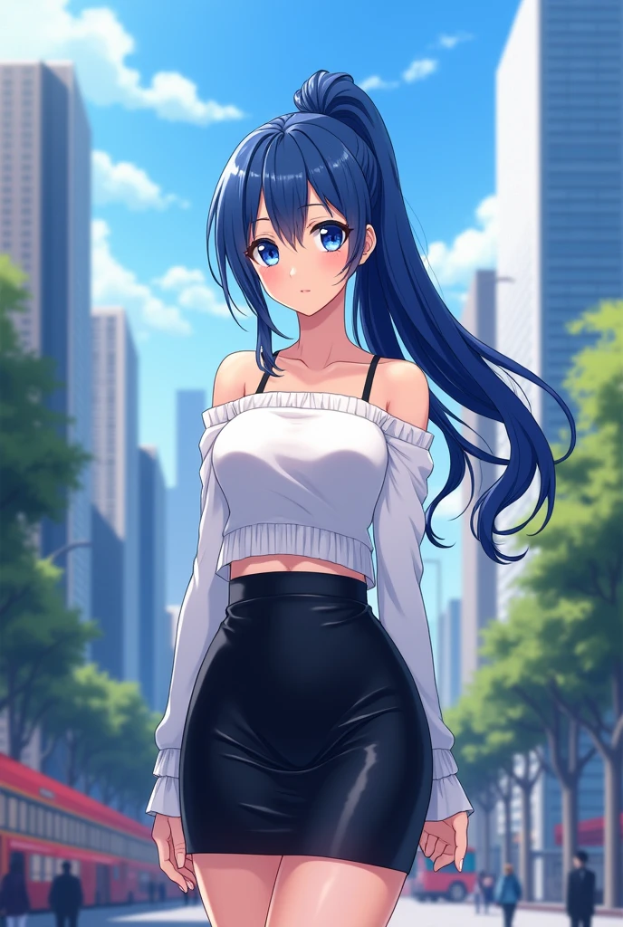 1girl, full body, anime girl, long hair, pony tail, blue eyes, wearing white off-shoulder sweater , black satin pencil skirt, high heels city, absurdres, high res, ultrasharp, 8K, masterpiece, looking at viewer