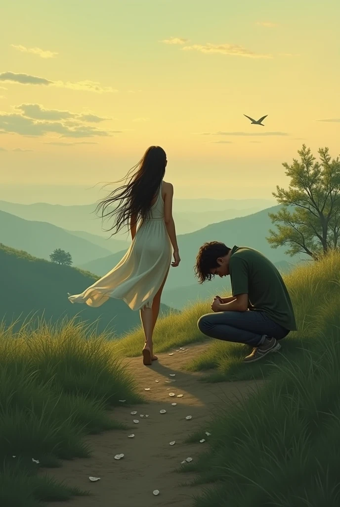 A girl walking away from a men on a hill The men is heartbroken
