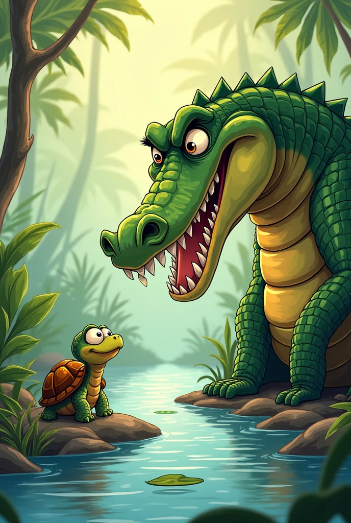 A big crocodile laughs and talks to a small turtle  2d cartoon
