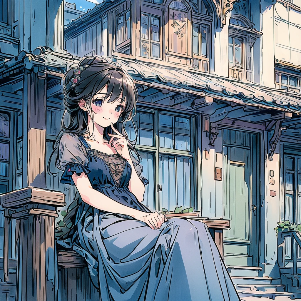 (8k, Highest quality, masterpiece: 1.2), (Realistic, photoRealistic: 1.37), Very detailed, One Girl, cute, alone, Midnight, Beautifully detailed skies, Detailed Cafe, Sitting, date, (blush), (smile: 1.15), Small breasts (Shut your mouth.), Beautiful little eyes, Floating Hair NovaFrogStyle, backless dress, Blue Rose Accessories, Blue roses background