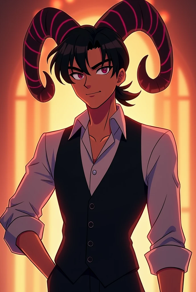 A guy with short black ponytail hair, vest suit, Wide and chubby goat horns and seductive look in the animated version of the Hazbin Hotel series of male gender, that is, a young and attractive man