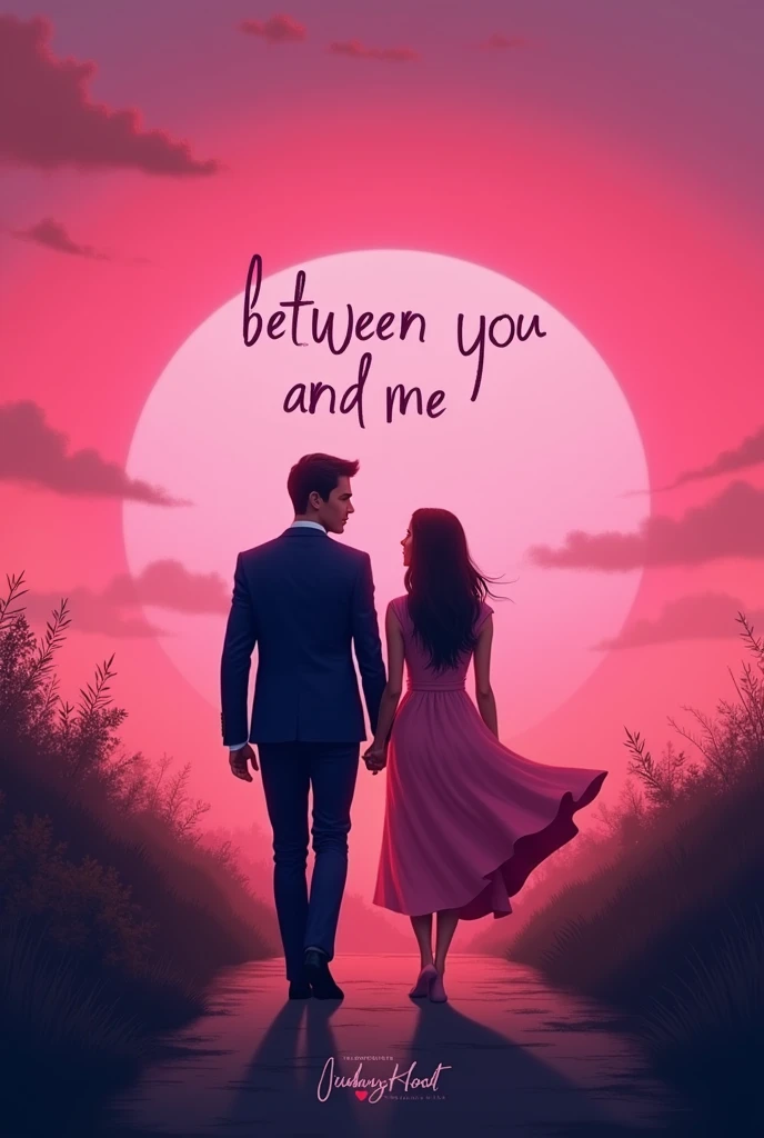 A pink sunset of two people holding hands walking towards the sunset. He shoulf be wearing a navy blue suit. She should wear a pink dress. As the title it should be written between you and me in bigger text. The font should be flowy and it should be written Rinsha fathima  at the bottom of the image 