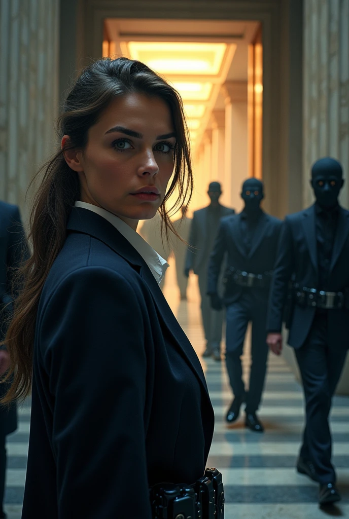 **Suspicious Bank Scene**:
- A large, bank building with a grand entrance. A group of masked men dressed in dark clothing is entering the bank, blending with the crowd. The female officer, with her sharp senses, is observing them from a distance, her expression alert and focused. The tension in the scene is palpable.