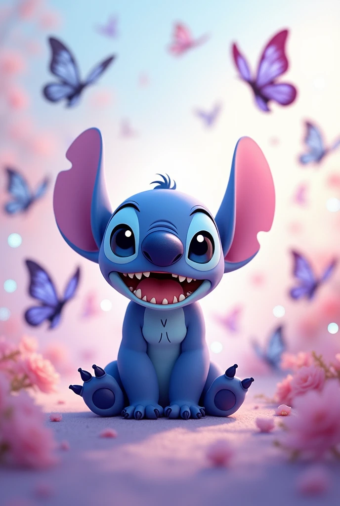 Stitch with butterflies on a pastel colored background