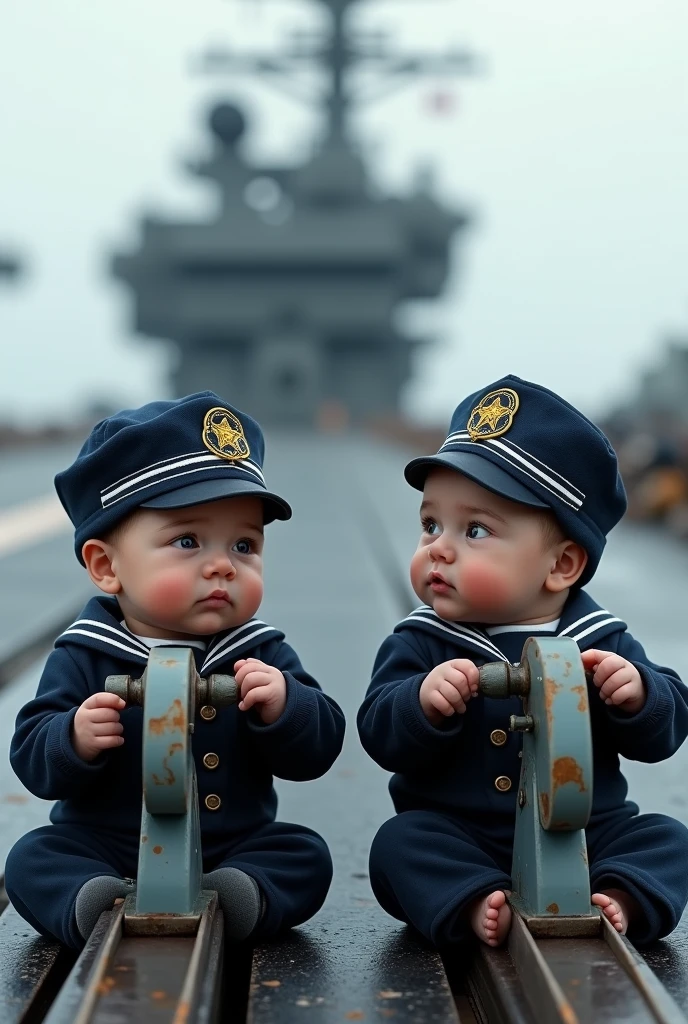 Two newborns wearing Navy uniforms and sailor helmets stand in gunner&#39;s chairs aiming at naval targets on an aircraft carrier as real as life.