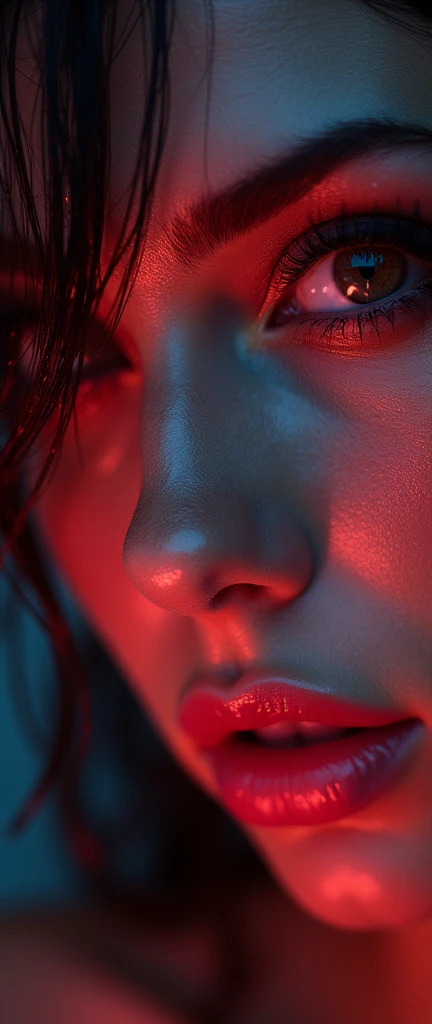 neon eyes, wet hair, wet drops on the face. Portrait of Lucy Pinder, sexy face, bitten lips, boca, language, sexy, Seductive, Hyperrealism, photorealism, 7k better