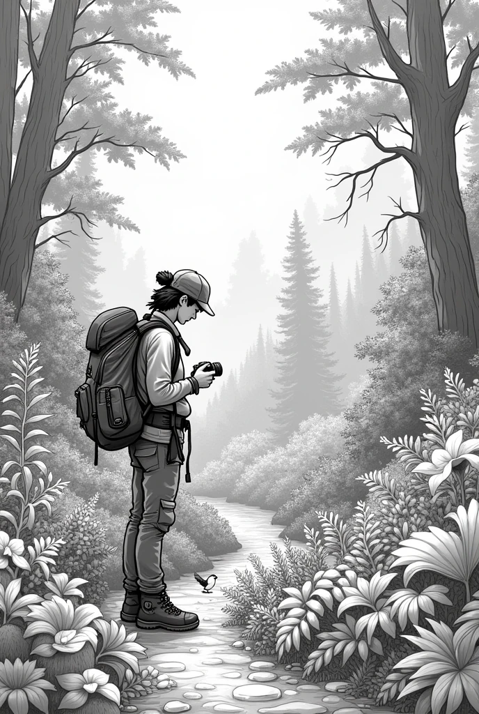 The hiker takes time to observe the flora and fauna, take pictures and enjoy the scenery. draw as sketch