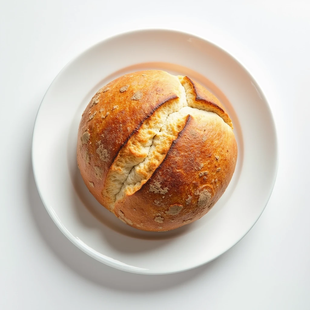 "Top-down angle focusing on a patternless white plate with a neatly arranged large bread on a patternless white table."