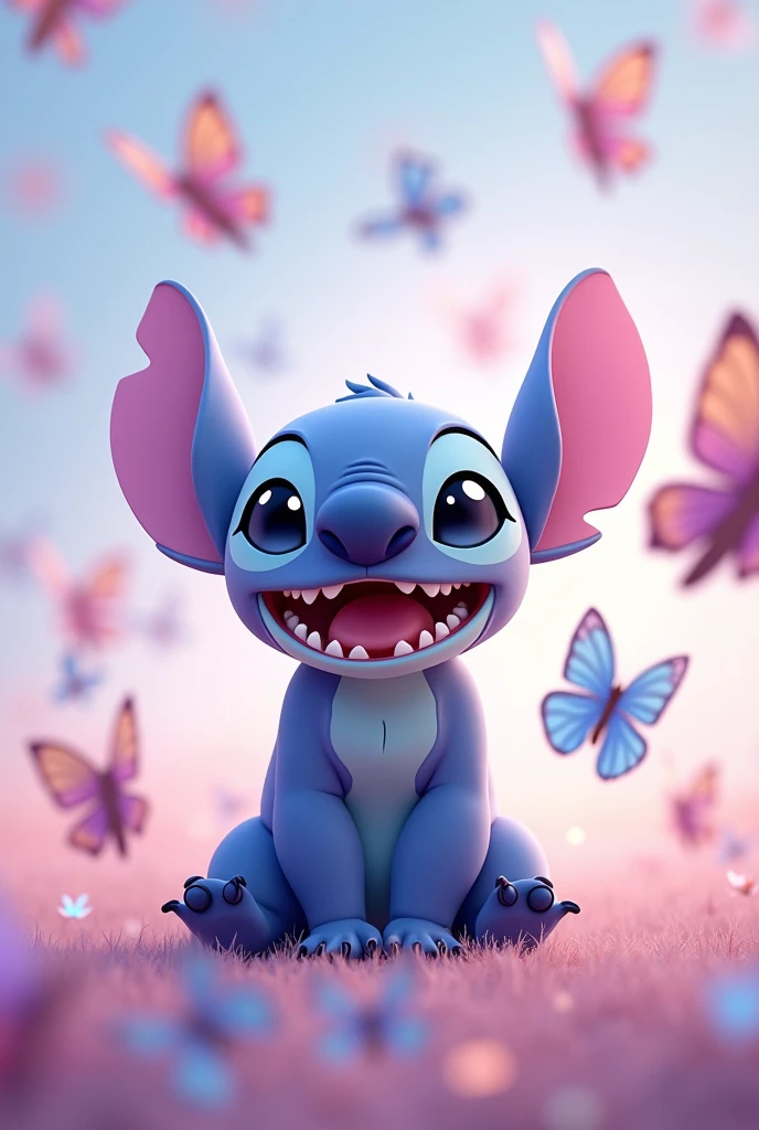 Stitch with butterflies on a pastel colored background
