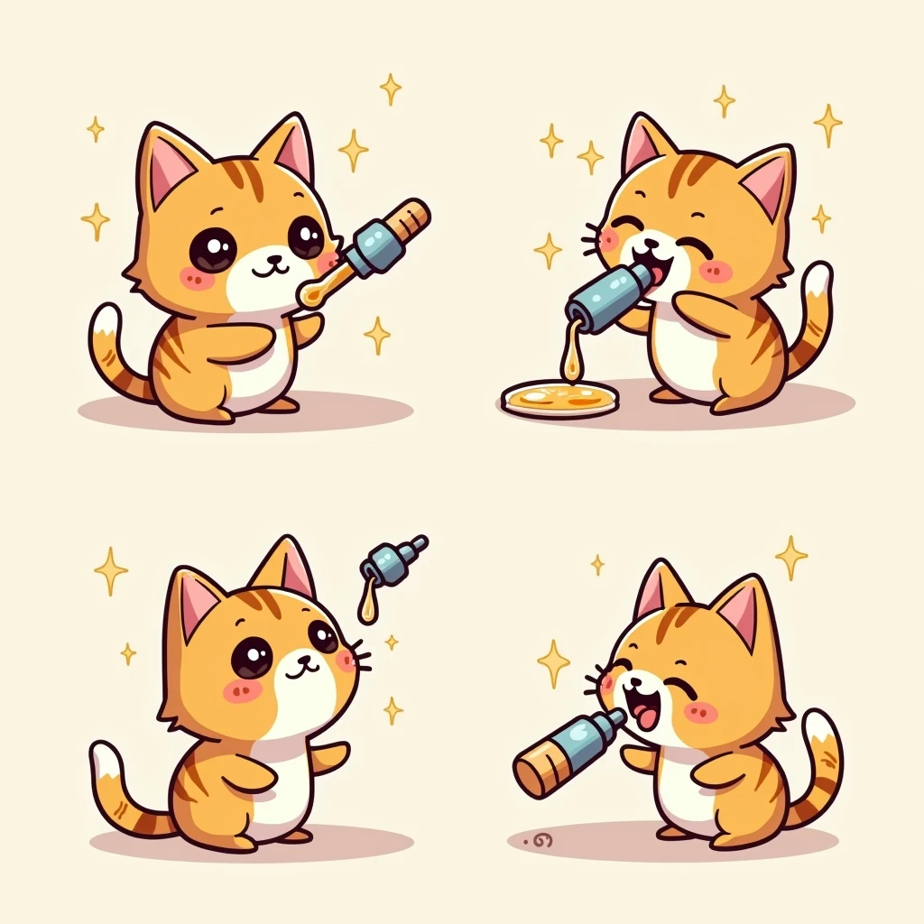 Chibi Style, Four-panel comic strip, dot halftone, Flat Color, A cat licking liquid medicine deliciously,The medicine is dispensed with a dropper,smiling, Sparkling eyes,
