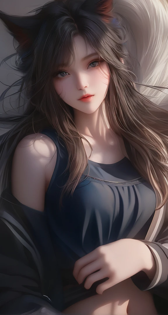 beautiful girl with cat ear hair clip accessory and wearing blue dress posing for a photo, a detailed painting by Lü Ji, cgsociety, digital art, fashion style a realistic beautiful girl at pixiv, realistic anime art style, realistic art style