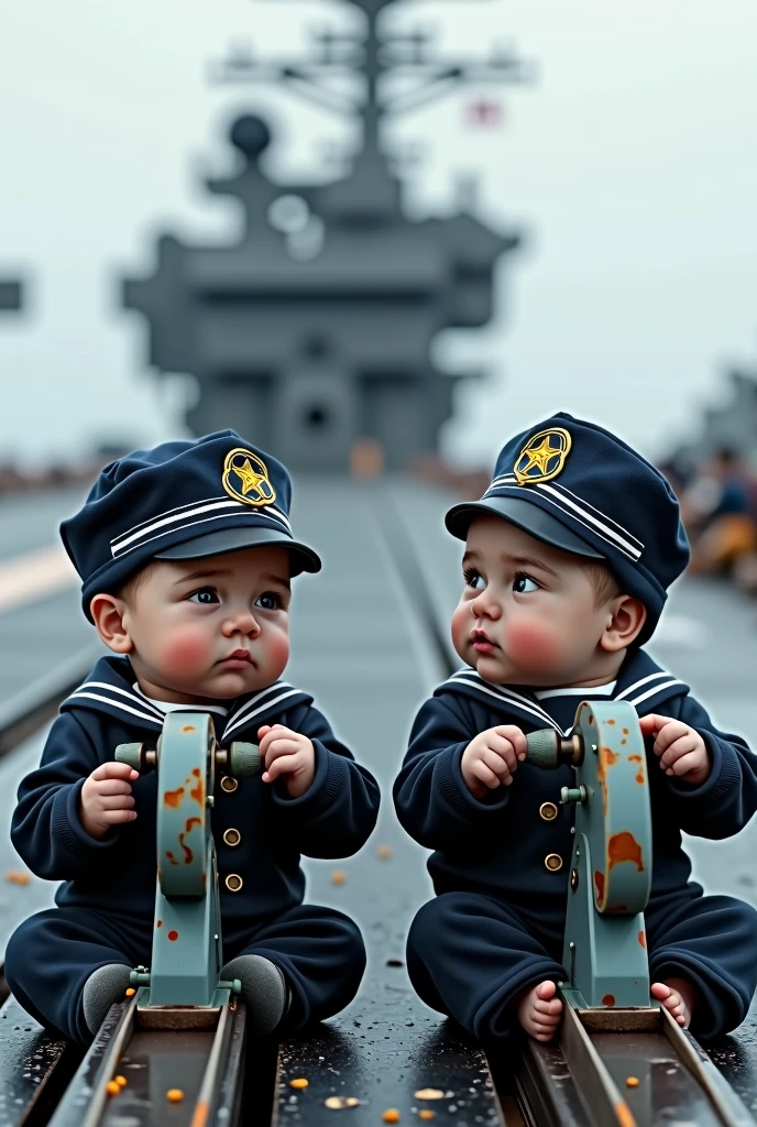 Two newborns wearing Navy uniforms and sailor helmets stand in gunner's chairs aiming at naval targets on an aircraft carrier as real as life.