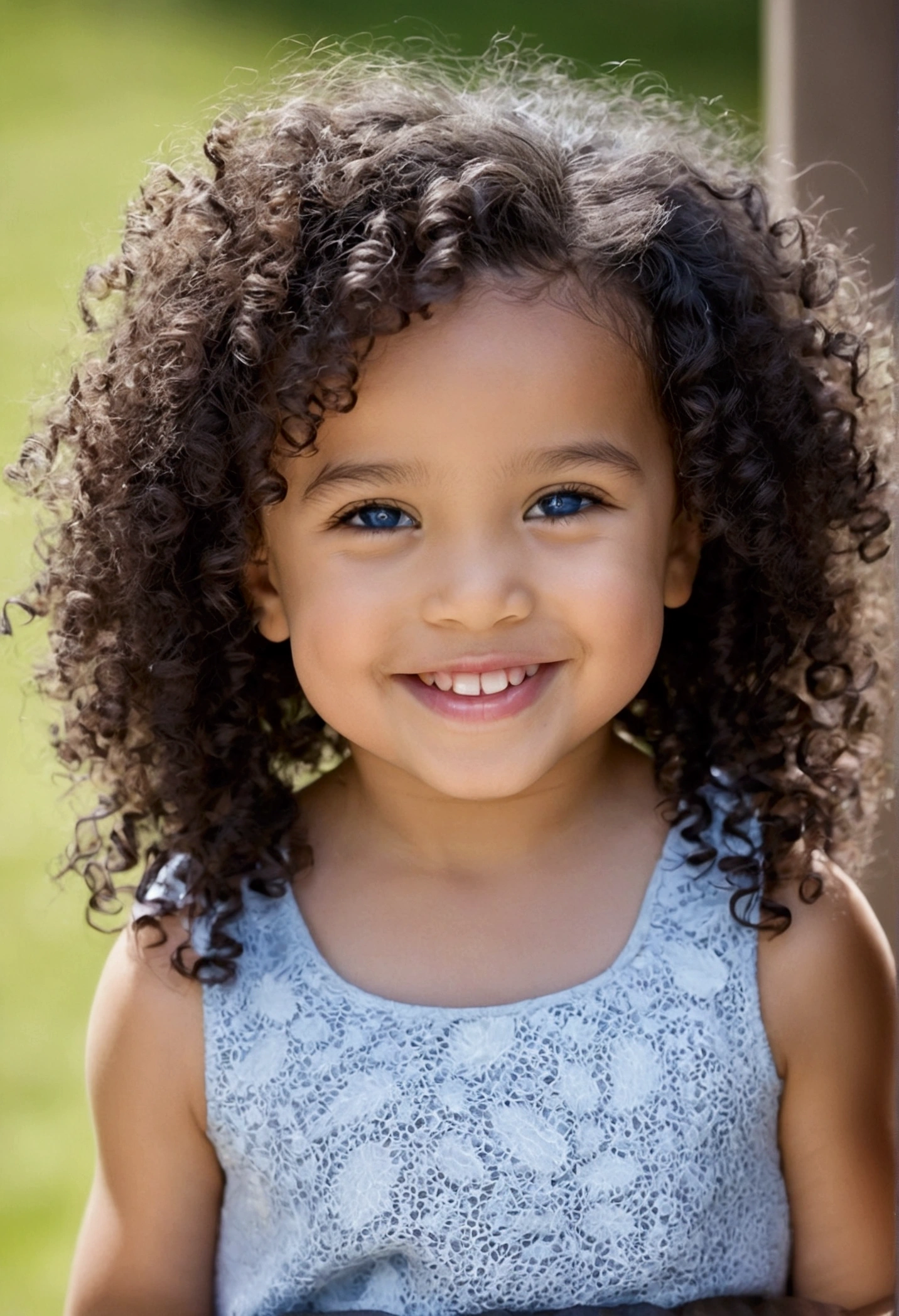 Cute girl toddler mixed race black curly hair with blue eyes smiling