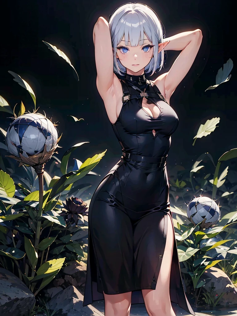 Short Hair、whole body、Black background with spotlight, Long eyelashes, black tight dress、beautiful girl、Raise your arm and show your armpit.,Pointed Ears、Elf、Silver Hair、blue eyes、編み込みのShort Hair