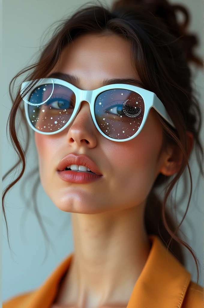 The model is wearing glass sunglasses with stars and the moon on the glass