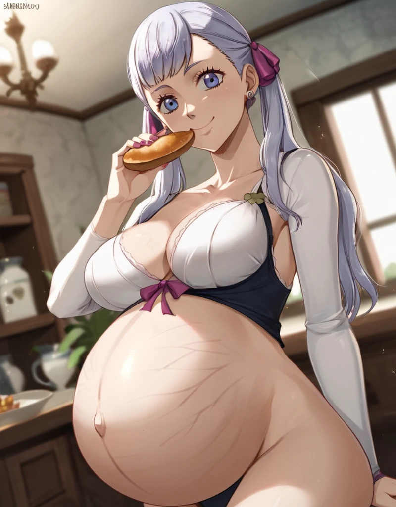 noelle_blackclover, score_9, score_8_up, score_7_up, source_anime,
Noelle Silva, Black Clover, long silver hair, waist-length hair, half-up half-down hairstyle, ribbon, soft waves, side-parted bangs, almond-shaped blue eyes, high-quality, ultra-detailed, beast quality, 8K resolution,
looking at viewer, dutch angle, cowboy shot, smile, pregnant belly, large belly, big belly, big Breasts, Stretch marks, eating,
1girl,solo, indoors, happy, Smiling, rub belly,
full body, Nail polish, Earrings,