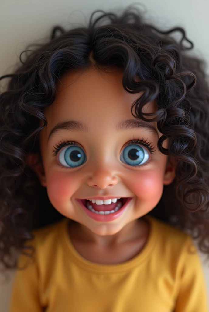 Mixed race   girl long black curly hair with blue eyes smiling
