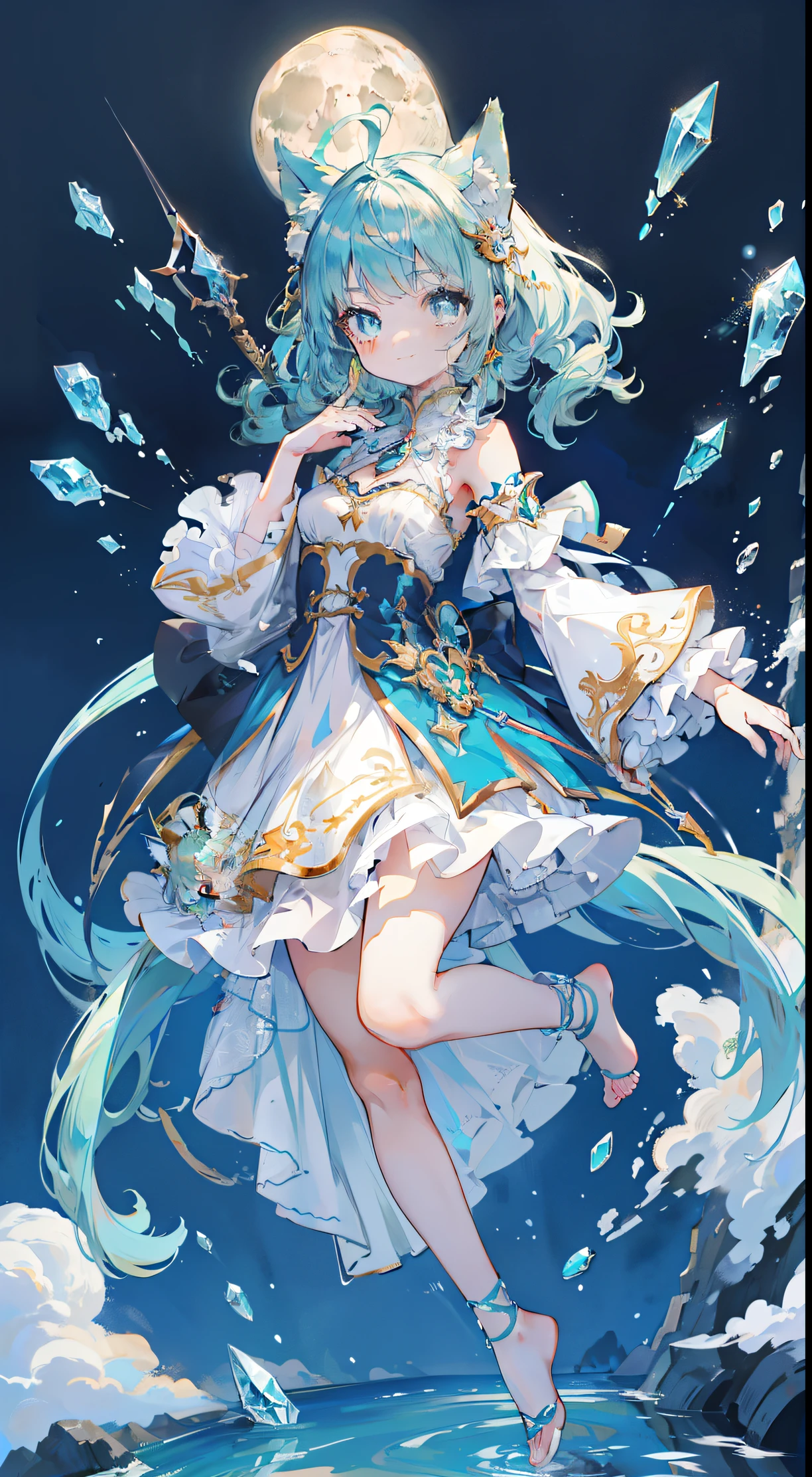 ((Tabletop, Highest quality:1.1))、8k、(Full body standing pose)、Beautiful girl with green hair,curly,Disheveled Hair,Cat ears, White Dress,A deep blue gemstone is set in the chest........,barefoot,Put a blue ring on your ankle,(Holds blue gemstone wand perfectly),Behind him is a shooting star in the night sky々is spreading,The moon is in the sky、With a smile