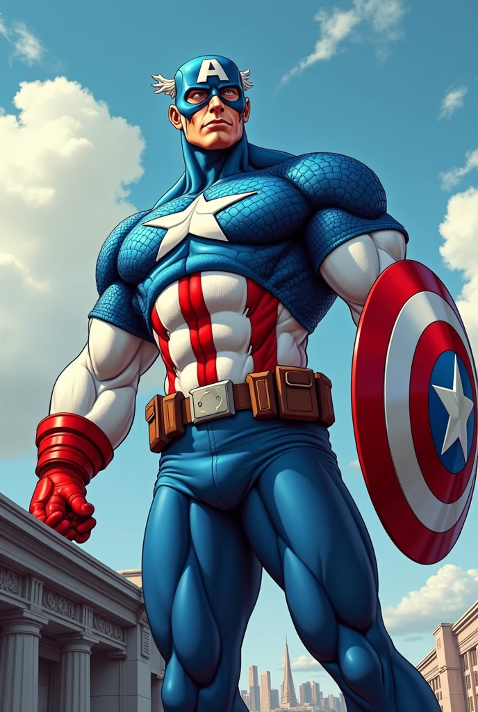 captain America , waterproofing a roof with liquid waterproofing coating doing the work with one arm,and with the other arm showing off the muscle of the other arm while smiling