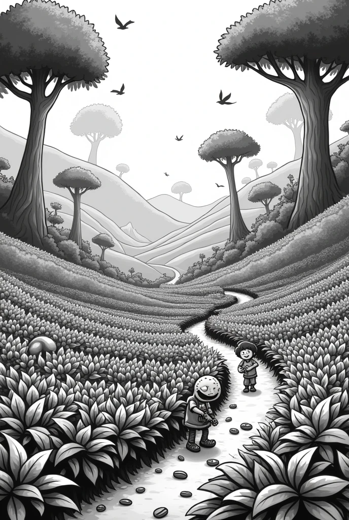black and white coffee farm in comic style