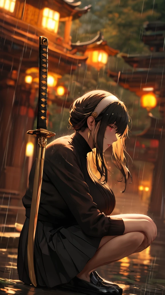 (hews art style:0.7), score_9, score_8_up, score_7_up, score_6_up, score_5_up, score_4_up, uncensored, yor briar, black hair, white hairband, sidelocks, red eyes, BREAK (masterpiece:1.2), best quality, high resolution, (detailed eyes:1.3), perfect lighting, (perfect hands, perfect anatomy), large breasts, sagging breasts, 1girl, solo, sword, skirt, jacket, pleated skirt, blurry, katana, blurry background, from side, gloves, squatting, outdoors, black gloves, shoes, black footwear, long sleeves, rain, weapon on back, black skirt, profile, depth of field, full body, sheath, between legs, bare legs, bokeh, temple, looking at viewer, water drop, wet hair, stray hair, 