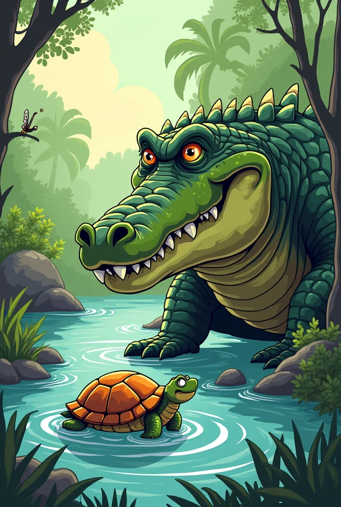 A big crocodile think about a small turtle  2d cartoon
