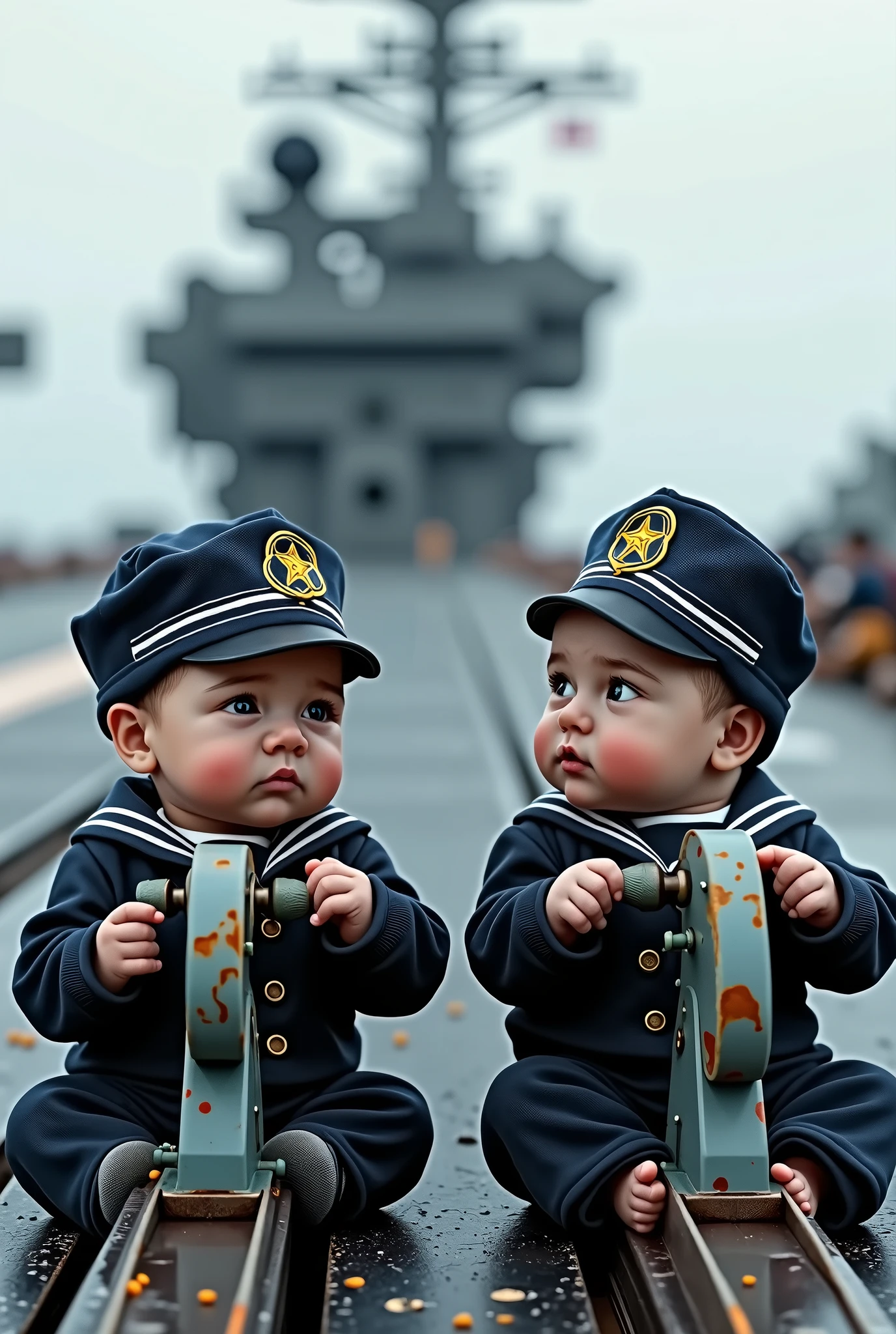 Two newborns wearing Navy uniforms and sailor helmets stand in gunner's chairs aiming at naval targets on an aircraft carrier as real as life.