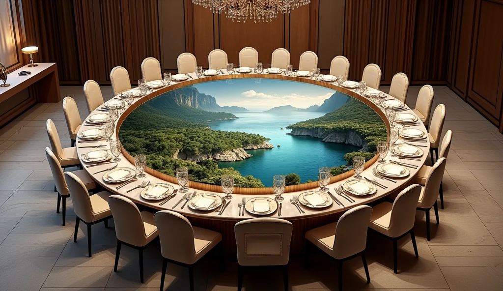Draw a round dining table,Accommodates 30 people,There is a landscape scene in the middle of the dining table,Marble material,Metal Material,High-end,Royal dining table,Close-up details,High-end atmosphere,8k,Large wide angle,Vary rendering,Delicate,complex