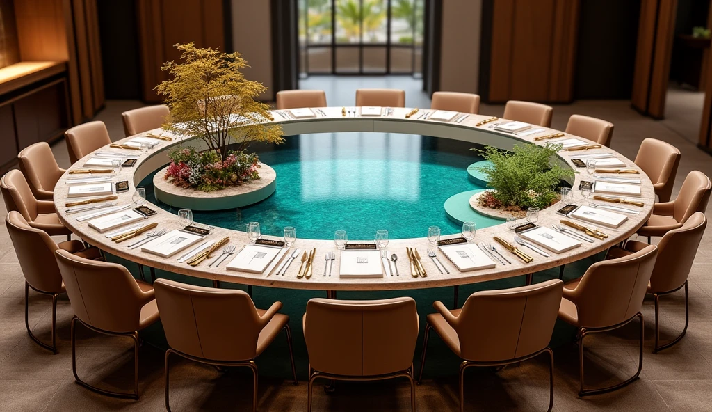 Draw a round dining table,Accommodates 30 people,There is a landscape scene in the middle of the dining table,Marble material,Metal Material,High-end,Royal dining table,Close-up details,High-end atmosphere,8k,Large wide angle,Vary rendering,Delicate,complex
