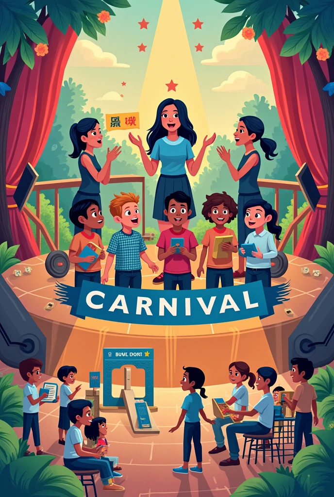 banner of karnival kokurikulum sk batang kali for a competition with picture of a group of singer,poetry recitation in a group of five,innovation,bridge building,scrabble