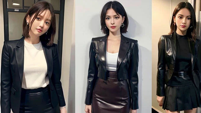 Absurd, RAW Photos, Very delicate and beautiful, masterpiece, Highest quality, Ultra-high resolution, 16K, Surreal, Very detailed, Very detailed CG 8k 壁紙, Beautiful lighting, Perfect Lightning, Realistic Shadows, Perfect Anatomy, Very detailed肌, Perfect figure, Japanese women, Late 20s, Very slim figure, Tight waist, very small head, Handsome detailed woman, Very detailed目と顔, Realistic Face Proportions, Eye on the details, Realistic beautiful face, Very small face, Realistic small beautiful eyes, double eyelid, Compensate, Tearful mole, Mole on chest, Earrings, barefoot, beautiful and very thin legs, Beautiful and very slim thighs, (Very big round breasts:1.3), short hair, Wavy Hair, Sweat, Full Body Shot, (Three Girls:1.5), (Office Lady Suits:1.3), (Skirt Suit), (Leather suit jacket), (blouse),
