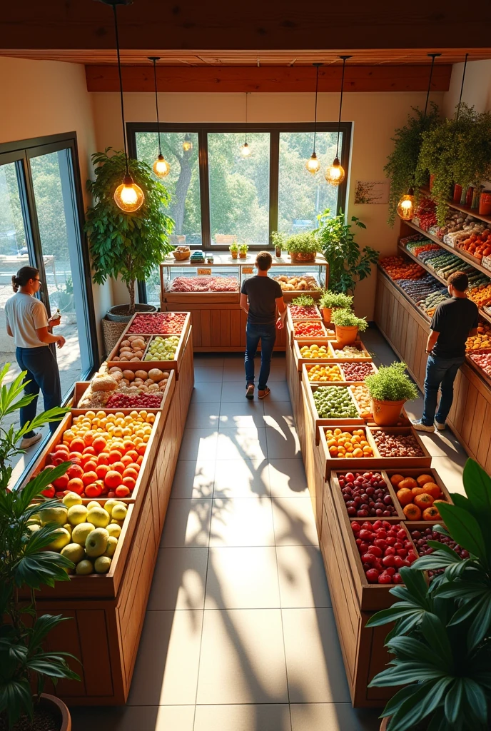 6x4 meter commercial space, Modern Mexican style in light colors, farm products, customers inside, 50 centimeter front overhang of red annealed clay tiles, bird's-eye view,
