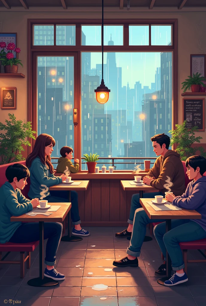 A cozy pixel art café with steaming coffee cups and patrons, viewed through a rainy window, 32-bit point and click.