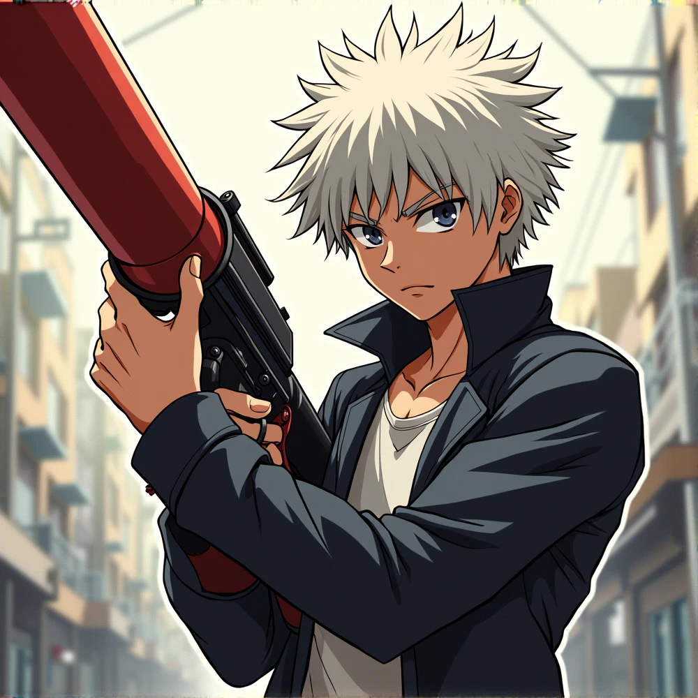 Youngh, Hanayama character from Baki, アニメ, 2d, from the neck up, gangster, bazooka, White hair